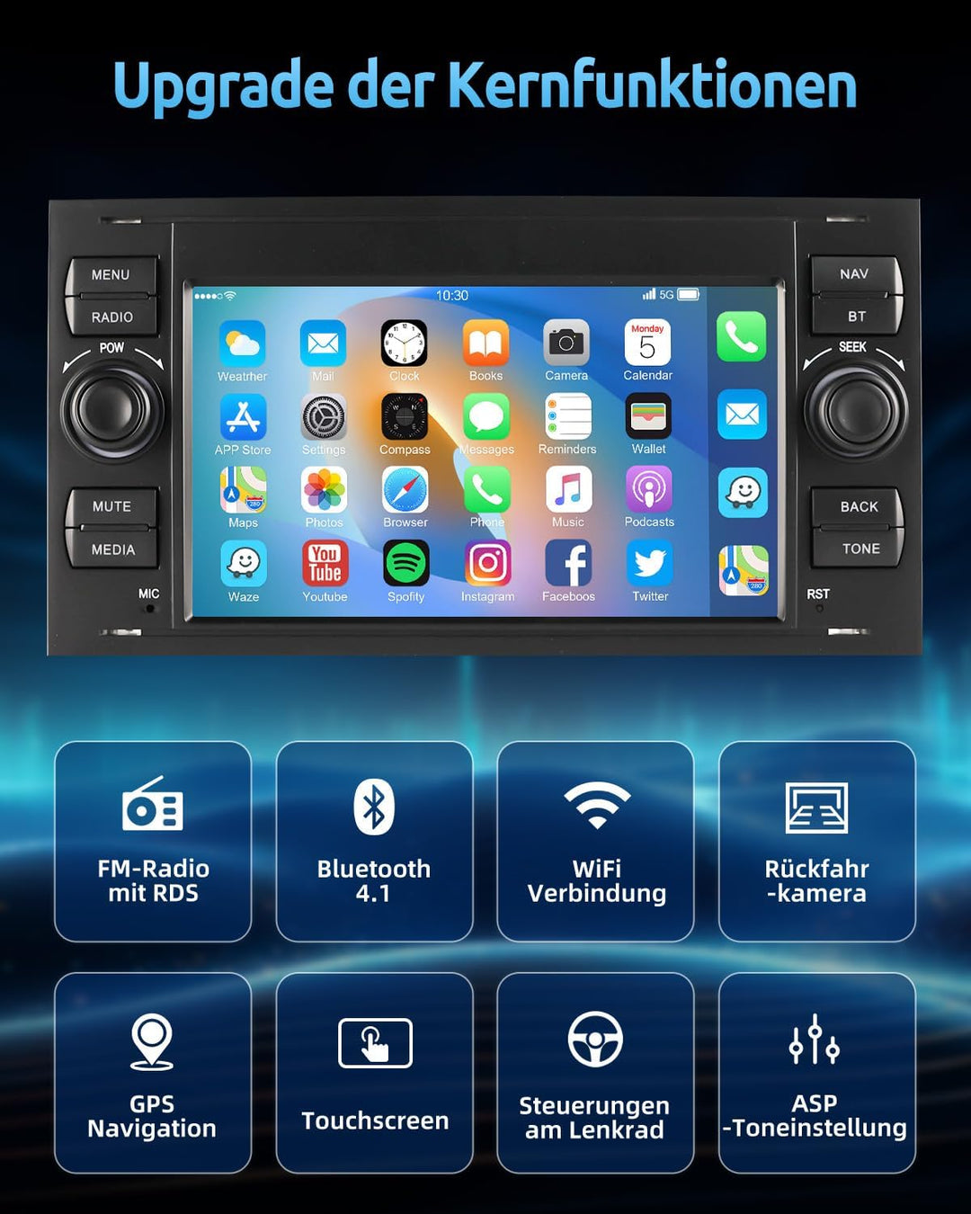 ESSGOO 2+64G Wireless Autoradio Android 14 Car Radio mit Carplay und Android Auto Für Ford Fiesta Ga