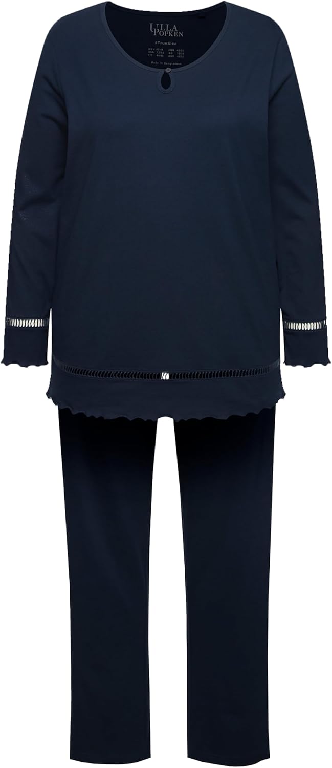 Ulla Popken Damen Pyjama, Hohlsaum, Wellenkanten, Rundhals, Langarm Schlafanzüge, Nachtblau