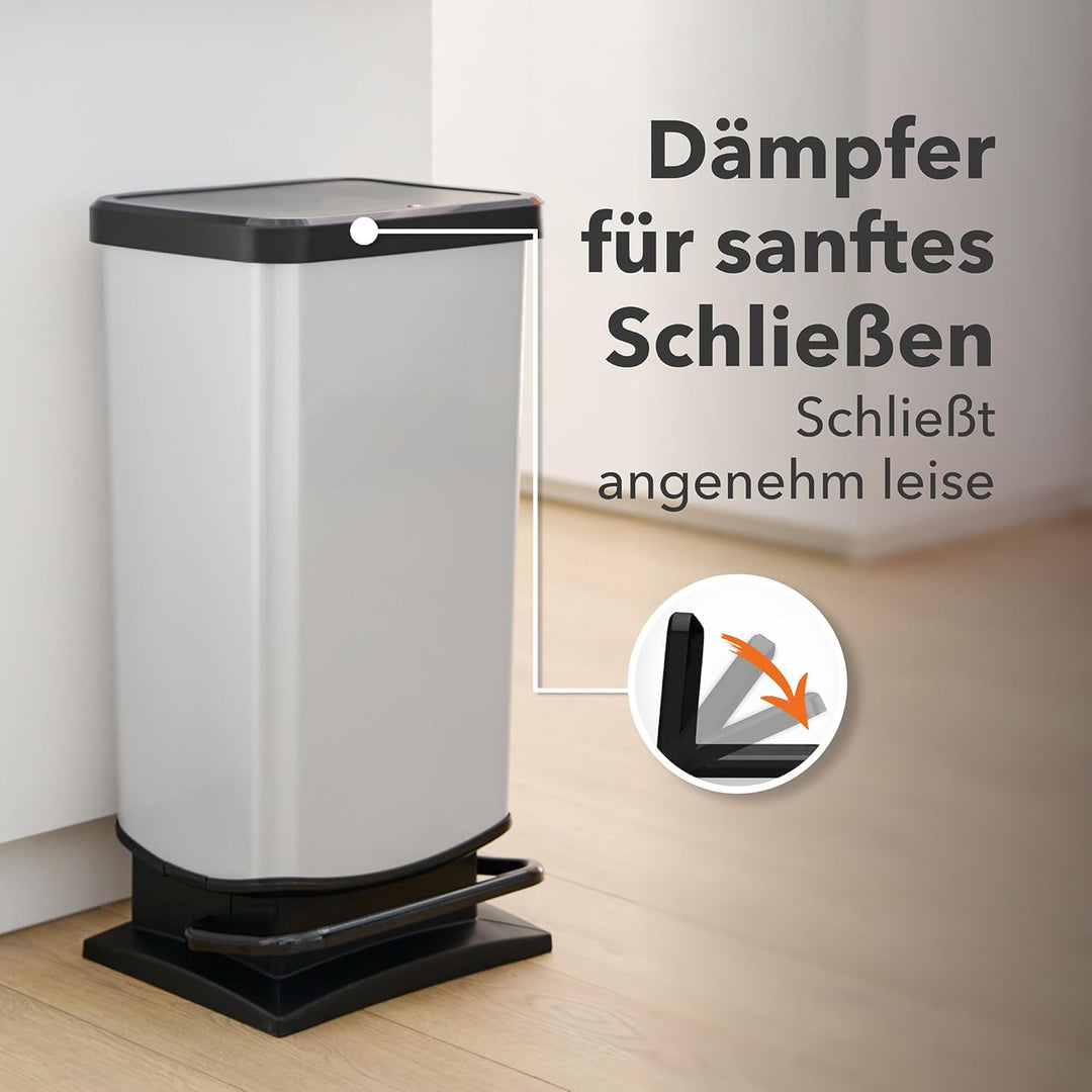 Rotho Paso Mülleimer 40 Liter mit Pedal und Deckel, Kunststoff (PP) BPA-frei, weiss metallic, 40l (3