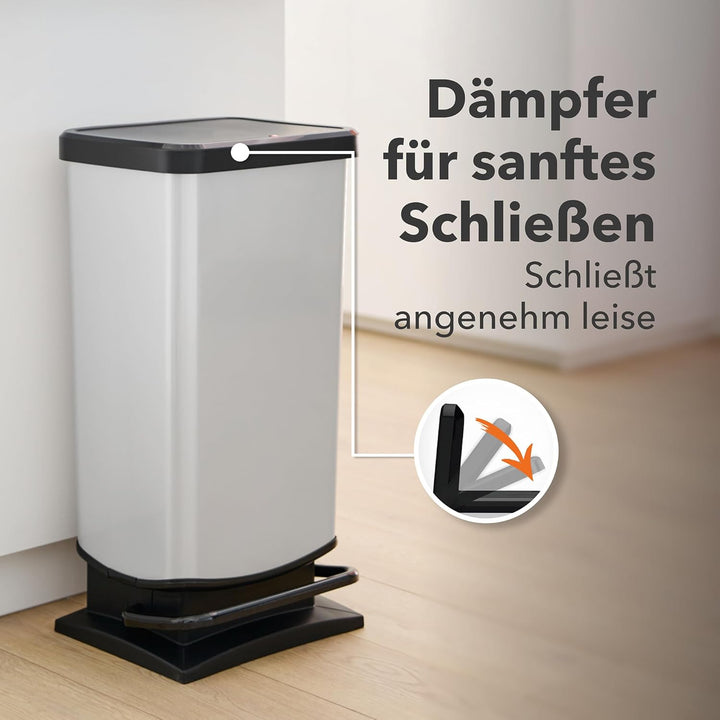 Rotho Paso Mülleimer 40 Liter mit Pedal und Deckel, Kunststoff (PP) BPA-frei, weiss metallic, 40l (3