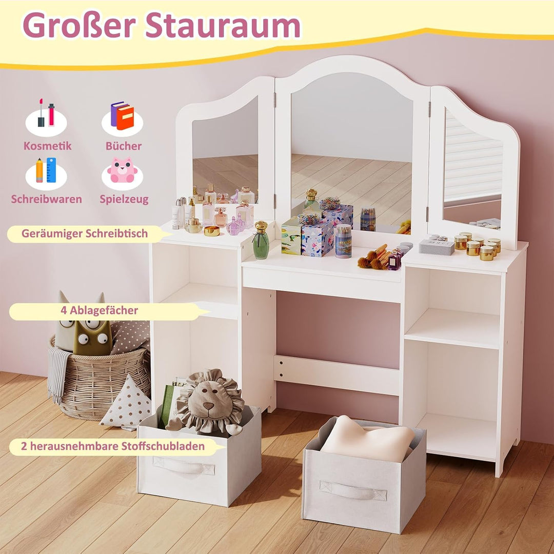 Clevich 2 in 1 Schminktisch Kinder, Kinderschminktisch mit Abnehmbarem Spiegel, Prinzessin Frisierti