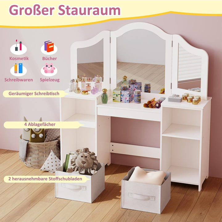 Clevich 2 in 1 Schminktisch Kinder, Kinderschminktisch mit Abnehmbarem Spiegel, Prinzessin Frisierti