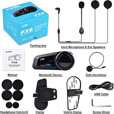 Fodsports FX6 Motorrad Bluetooth Headset, Intercom Motorrad kommunikationssystem bis zu 6 Motorräder