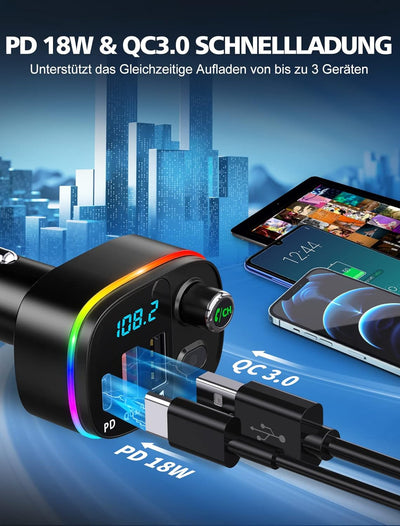 Mohard Bluetooth Adapter Auto, PD 18W&QC3.0 FM Transmitter Auto, 9 RGB Beleuchtungsmodi, 3 USB Ansch