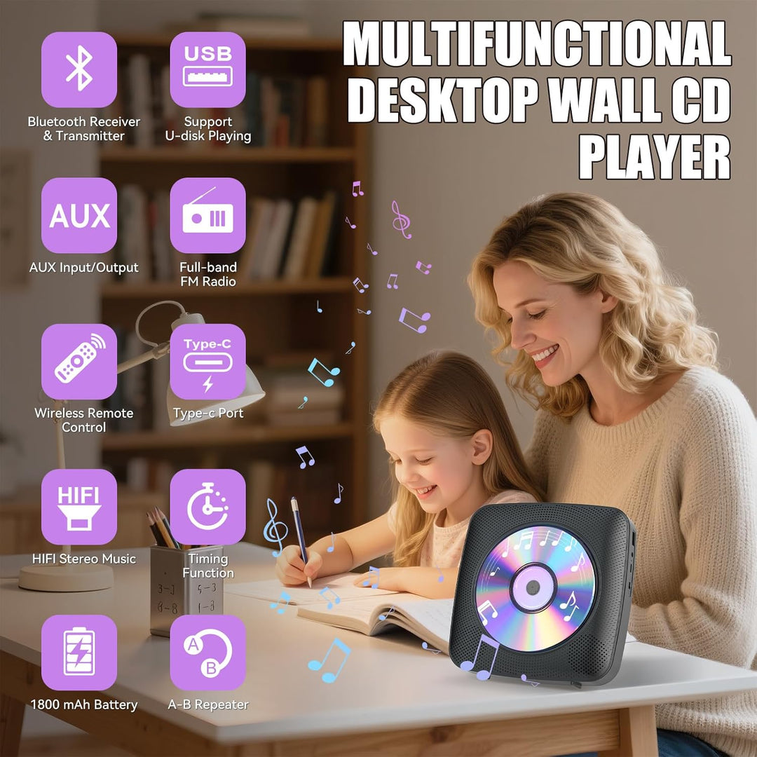 Gueray Desktop CD Player Bluetooth CD-Spieler mit Lautsprechern für Zuhause 1800mAh Tragbarer CD-Pla
