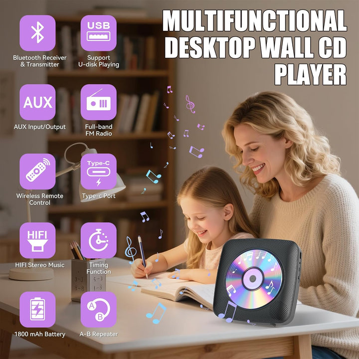 Gueray Desktop CD Player Bluetooth CD-Spieler mit Lautsprechern für Zuhause 1800mAh Tragbarer CD-Pla