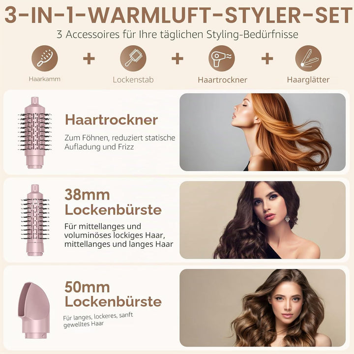 Rotierende Haarbürste, Air Styler 800 W, Ionen-Haartrockner, Heizbürste, 3-in-1, Lockenstab 38/50 mm