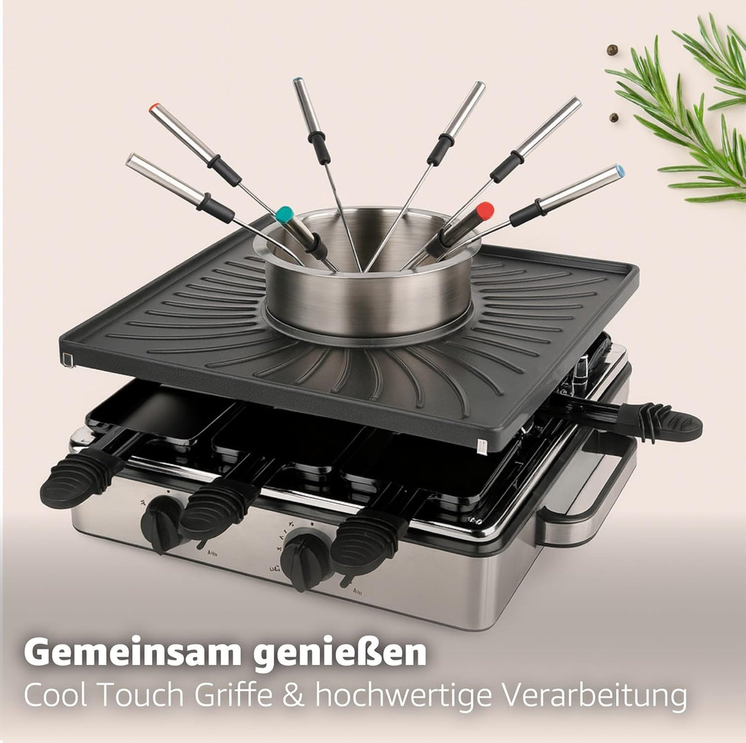 Raclette Fondue Set für 8 Personen mit Pfännchen & Schaber - Rostfrei & Regulierbar (Fondue Set), Fo