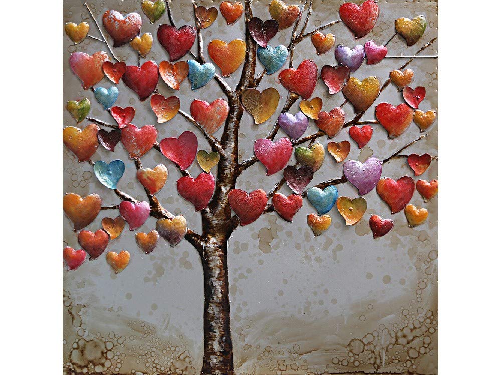 IDYL Wandbild Metall mit 3D-Effekt | Moderne Kunst | Baum mit bunten Herzen | Herzblatt | 60 x 60 x