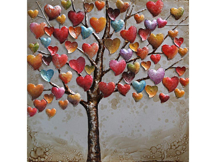 IDYL Wandbild Metall mit 3D-Effekt | Moderne Kunst | Baum mit bunten Herzen | Herzblatt | 60 x 60 x
