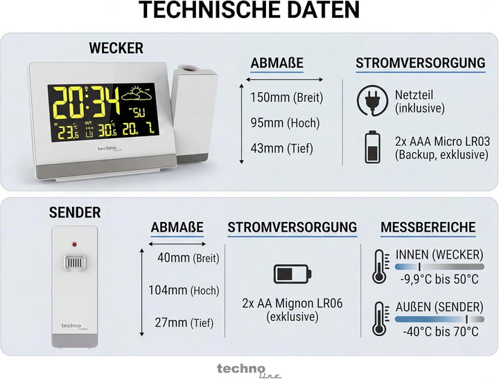 Technoline Funkprojektionswecker WT549 mit LED Farbeinstellung Weiss 14.7 x 4.2 x 9.2 cm
