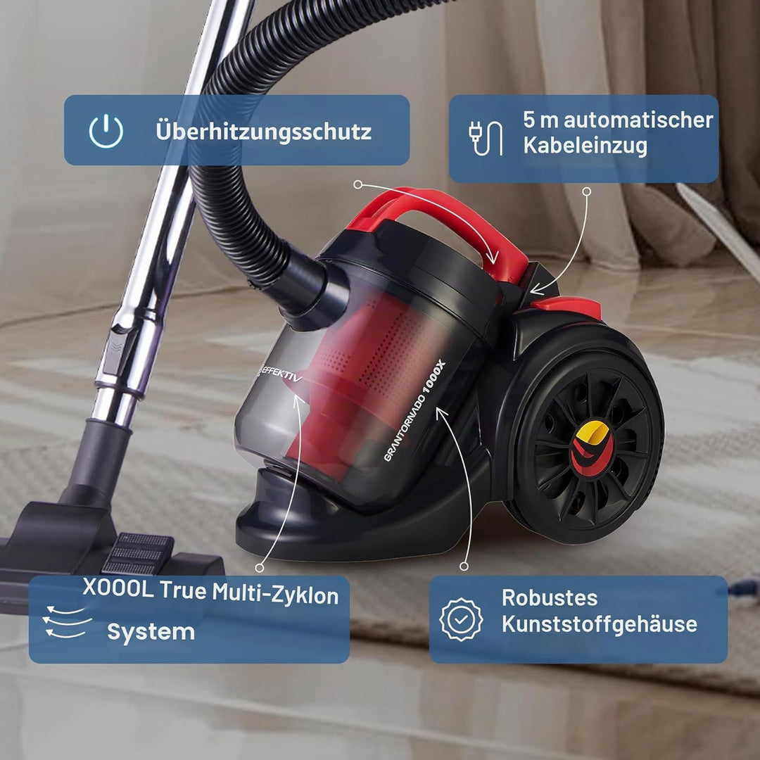 EFFEKTIV Beutelloser Staubsauger GranTornado 1000X, Cyclone 1200W Power Kompakte Bodenstaubsauger oh