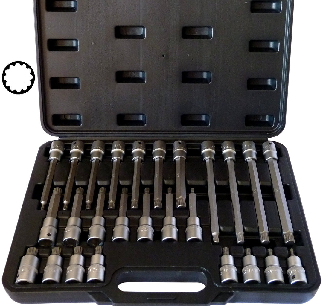 PeTools, 26tlg. Innen-Vielzahn XZN (+15% Härtegrad, da S2-Stahl) 1/2" Steckschlüssel-Satz M5-M16 Bit