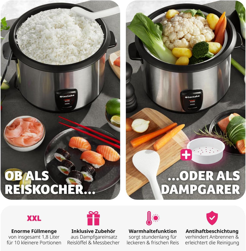 tectake® Reiskocher, Rice Cooker, Steamer Pot, Reis Maker mit Dampfgarer Einsatz, Topf, Kochtopf für