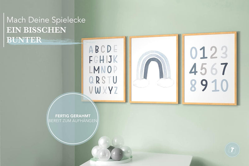 Papierschmiede® Kinderbilder 3er Set Lernposter, A4 gerahmt in Holzrahmen (Natur), Geschenk für Jung