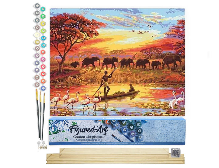 Figured'Art Malen Nach Zahlen Erwachsene Mit Rahmen Sonnenuntergang Elefanten - Paint by Numbers Bas