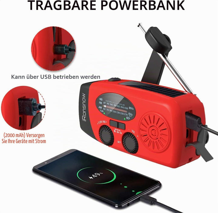 iRonsnow Notfall-Solarradio, Tragbare Kurbelradio mit LED-Taschenlampe, SOS-Alarm, AM/FM/WB Solar No