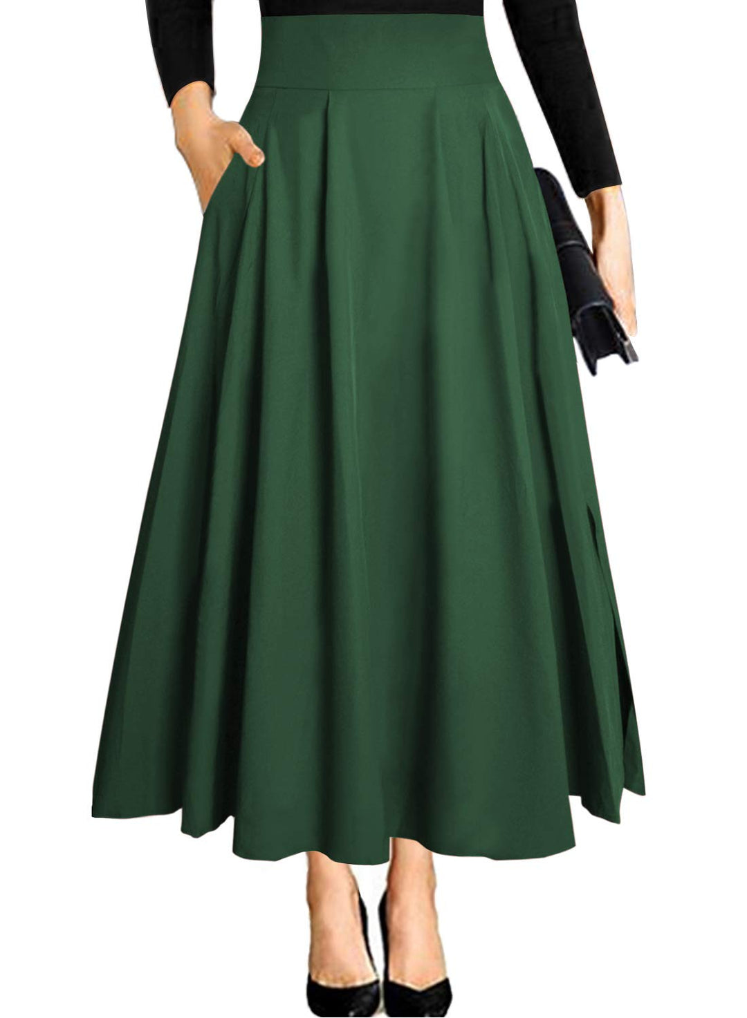 Damen High Waist Maxirock Taschen mit Seitenschlitz Langer A-Linie Rock XL 0 Armee Grün, XL 0 Armee