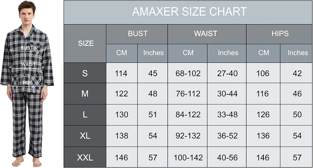 Amaxer 100% Baumwolle Herren Flanell Pyjamas Set Herren Pyjamas Home Fashion Pyjamas Langarm Hosen S
