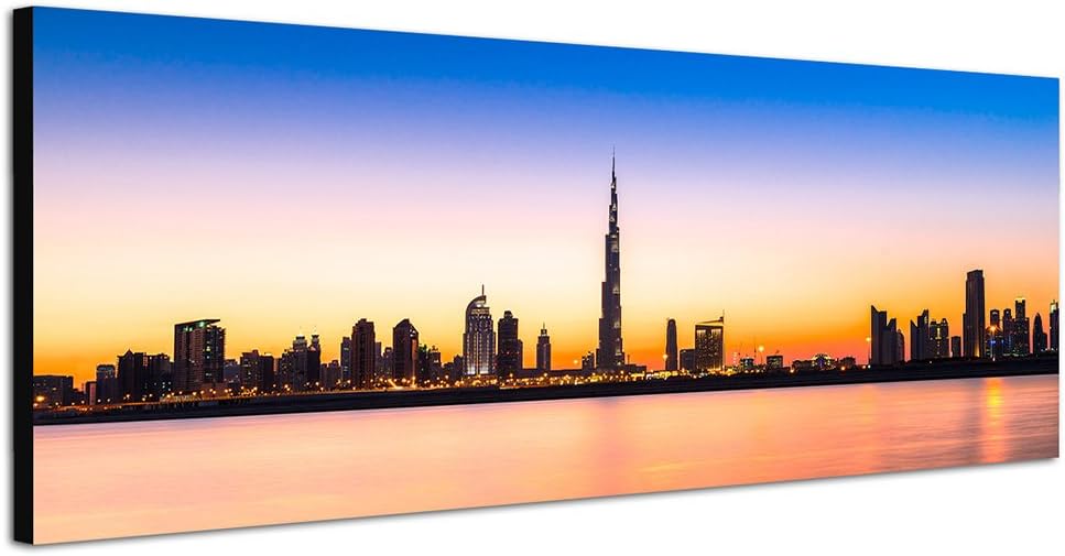 Paul Sinus Art Panoramabild auf Leinwand und Keilrahmen 150x50cm Dubai Skyline Wolkenkratzer Wasser