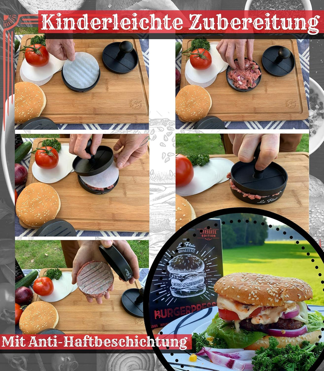 Le Flair® Alu Burgerpresse aus hochwertigem Aluminium - Hamburgerpresse mit Aufbewahrungstasche - Bu