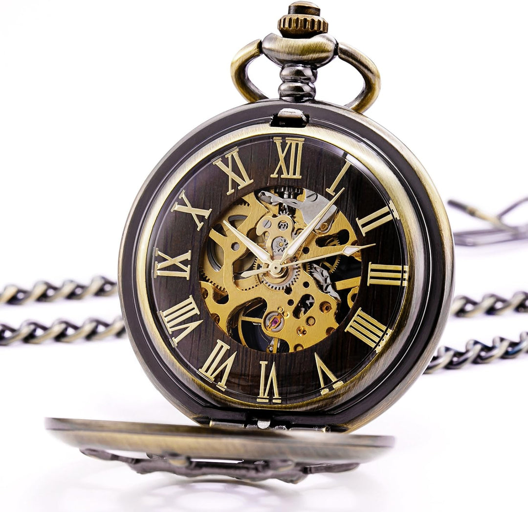 TREEWETO Unisex Taschenuhr mit Kette Analog Mechanisch Handaufzug Doppelscharnier Ruder Skelett Bron