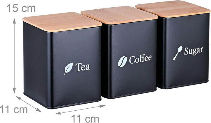 Relaxdays Vorratsdosen, 3er Set, Kaffee, Tee, Zucker, Metall, Bambusdeckel, HBT: 15x11x11 cm, Küchen