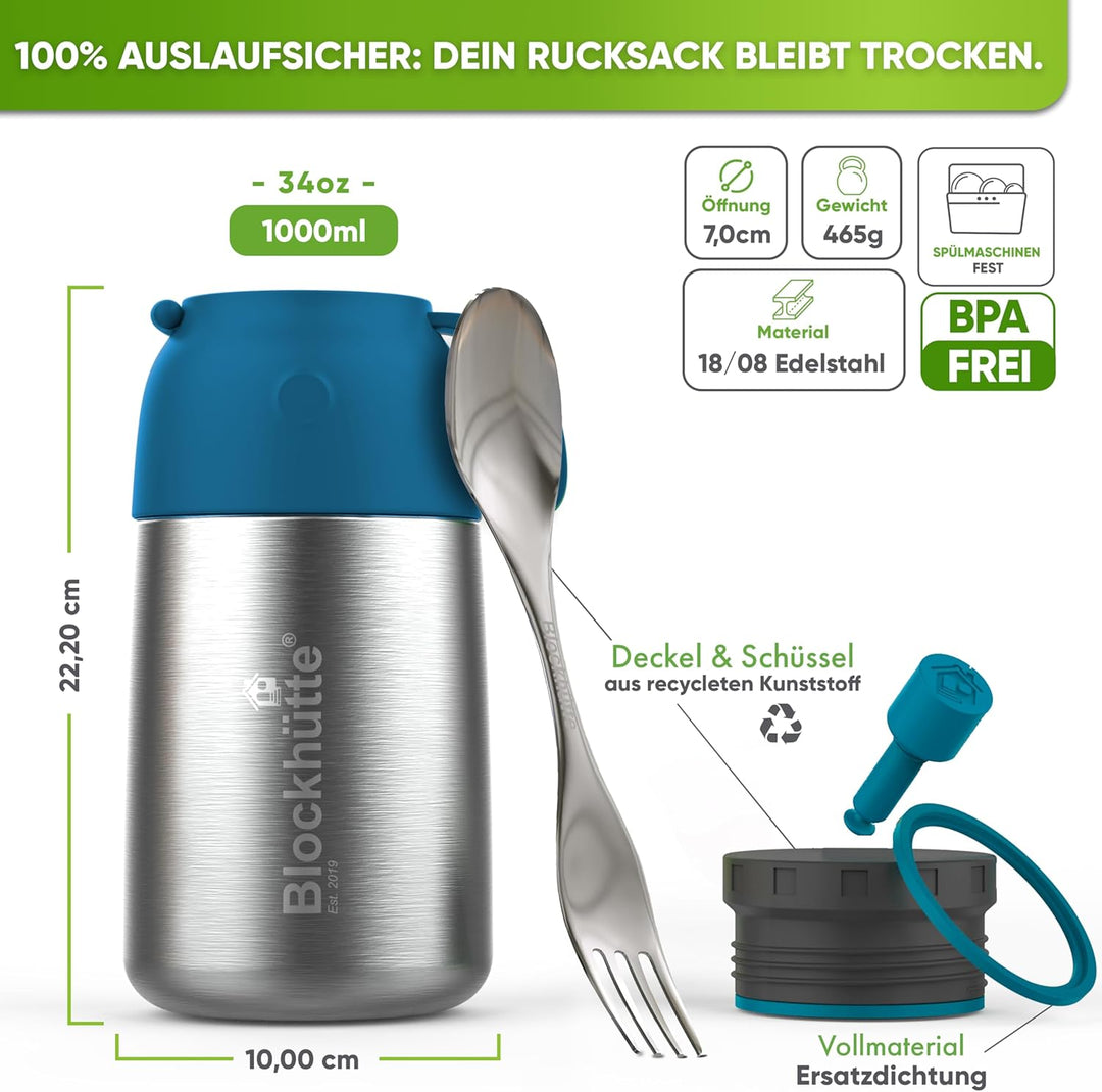 Blockhütte Edelstahl Thermobehälter I 1L l Essen warmhalten Behälter, auslaufsicher I Thermos Essens