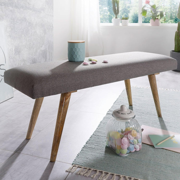 FineBuy Sitzbank Stoff/Massivholz Bank grau 117x51x38 cm im Retro Stil, 2er Polsterbank Flur, Gepols