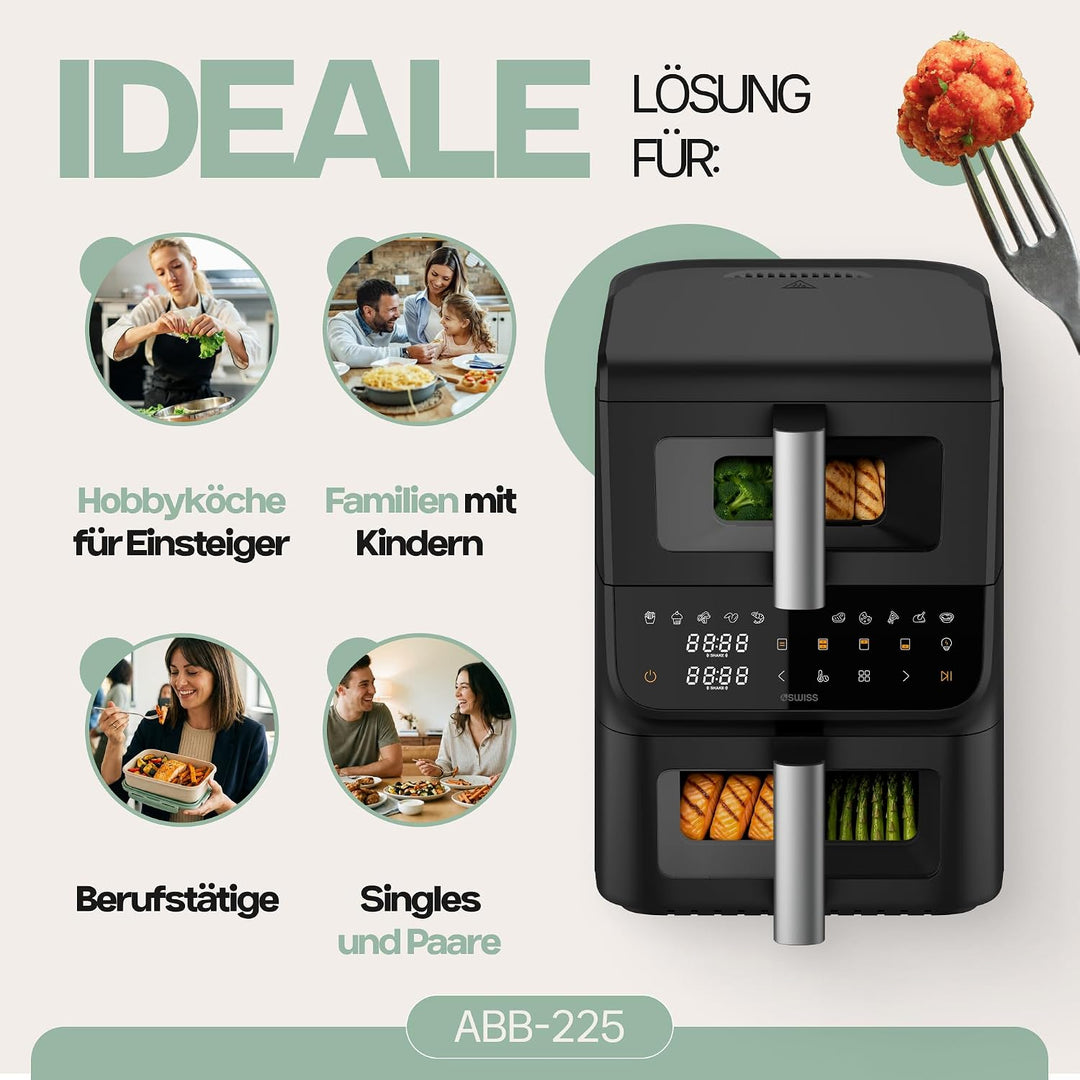 4Swiss Airfryer 10L Heissluftfritteuse Heissluftfritteuse mit 2 Kammern Air Fryer und Doppelkammer D