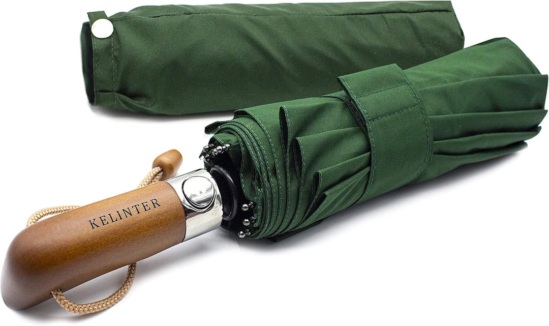 KELINTER Automatischer Klappschirm - 10 Verstärkte Streben, Teflon 300T, Windsicher, Holzgriff Ergon