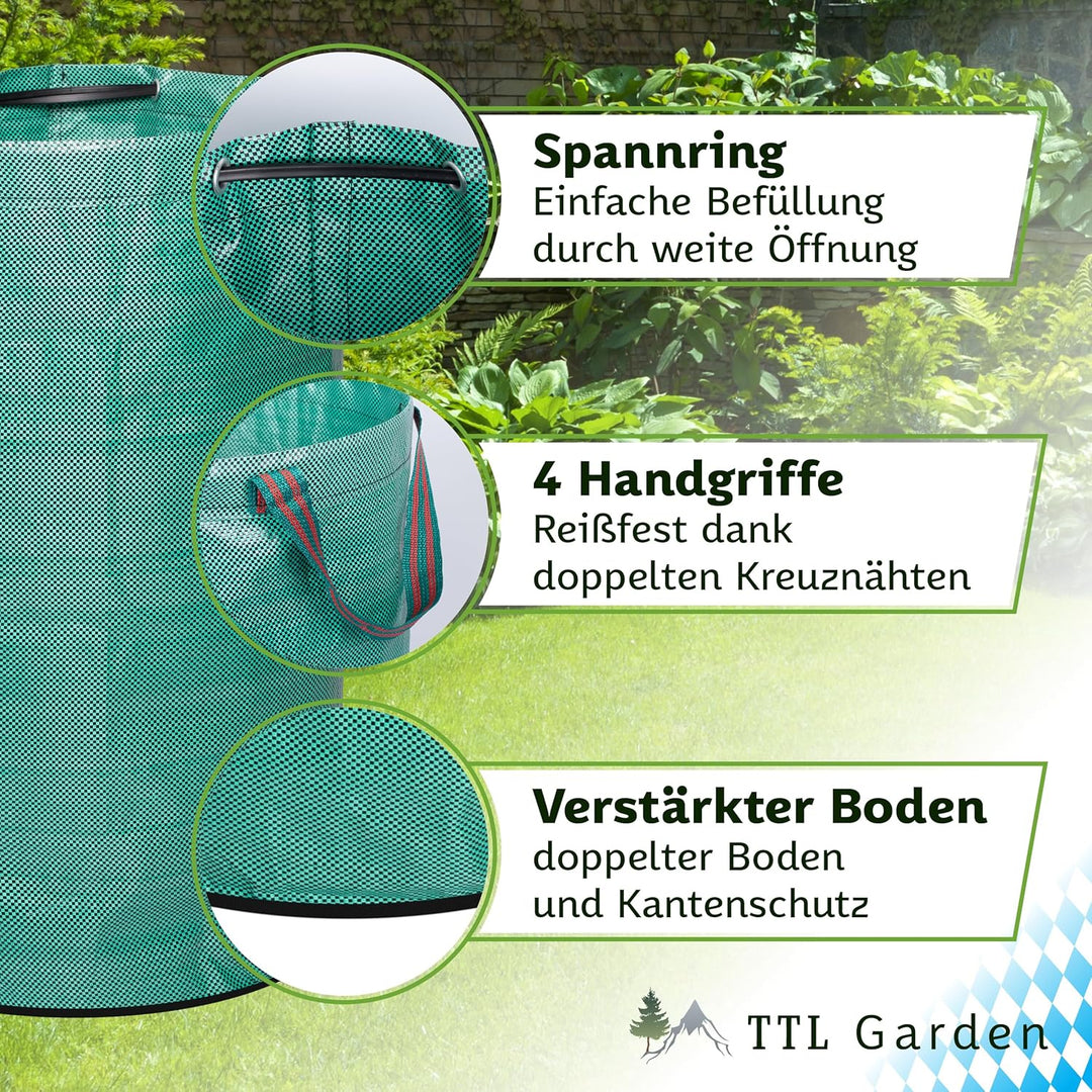 TTL Garden 3x 272L Gartensack - DOPPELTER BODEN extra stabil selbststehend 4 Griffe 150gsm gross rob