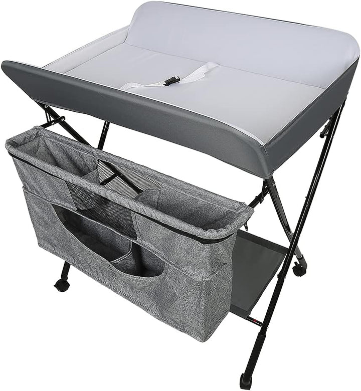 Wickeltisch klappbar, Wickelkommode mit Auflage, platzsparend & mobilSicherheitsgurt und 4 Rollen mi