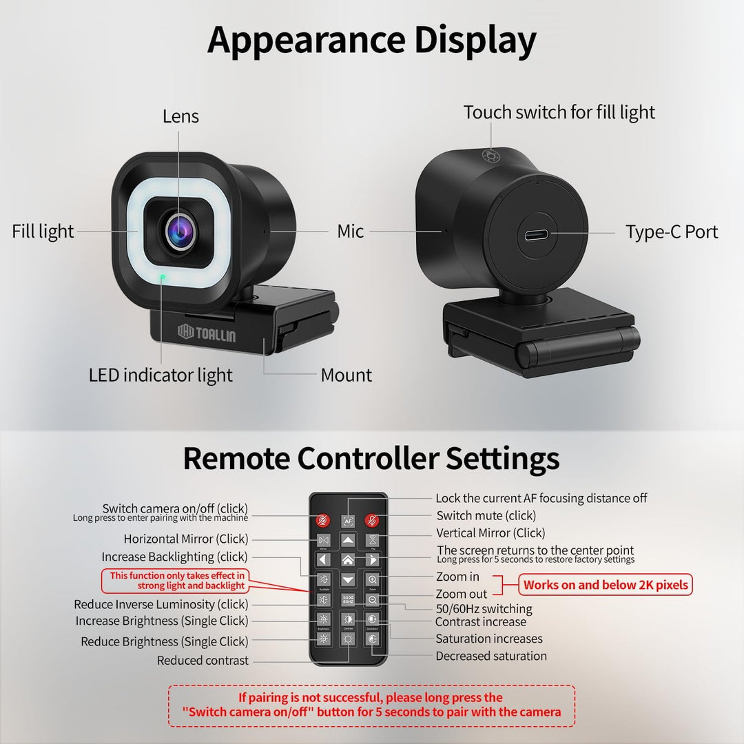 TOALLIN 4K-Webcam mit Ringlicht, Fernbedienung, PDAF-Autofokus, 1/2,5-Zoll-Sensor und 12 MP, integri