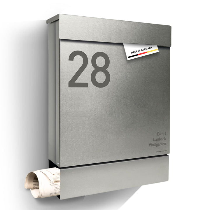 Radius® Designer Briefkasten Edelstahl - Briefkasten mit Zeitungsfach für Zeitungsrolle - Postkasten