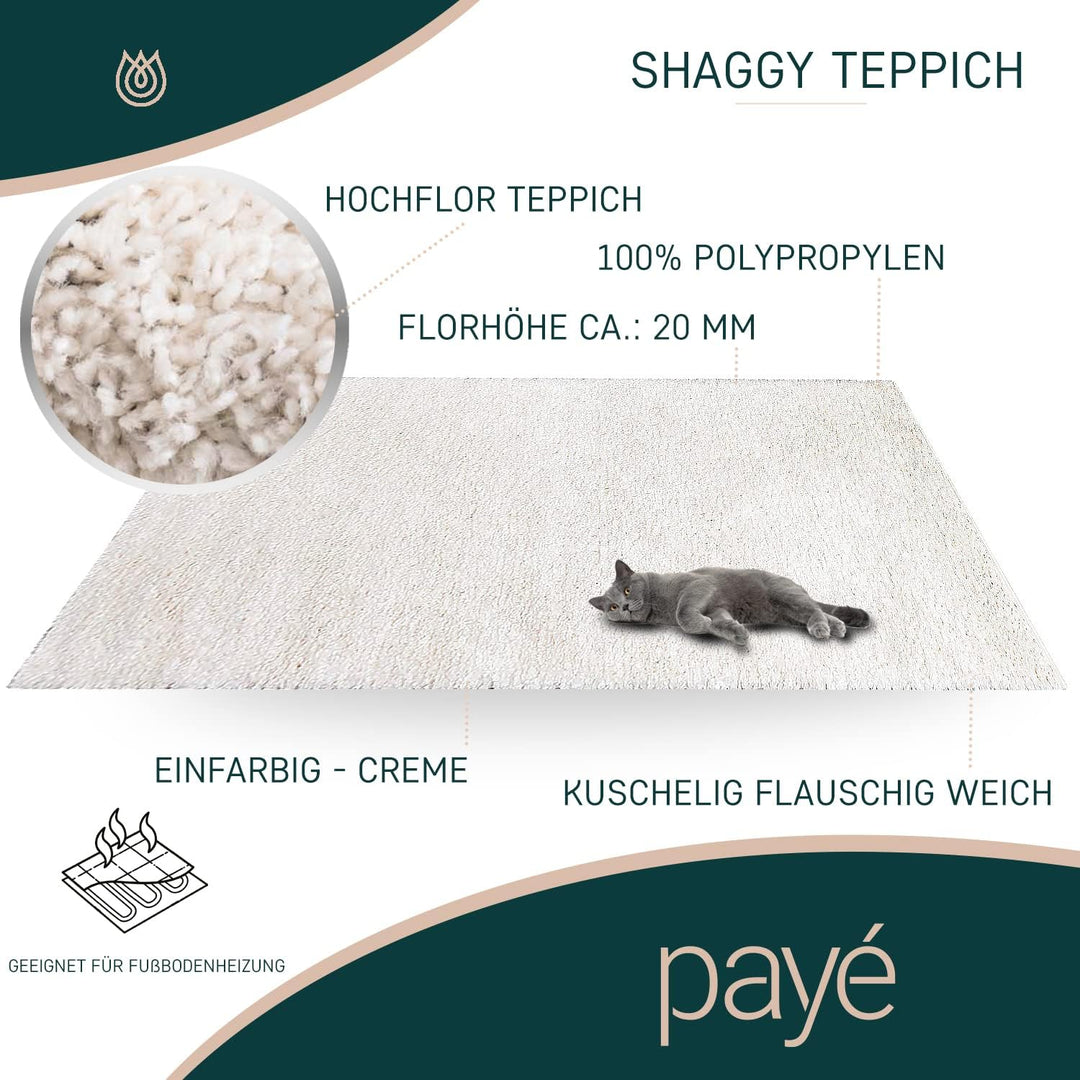 payé Teppich Wohnzimmer Hochflor Shaggy - 160x230cm - Creme Einfarbig Uni Flauschig Modern Boho Deko