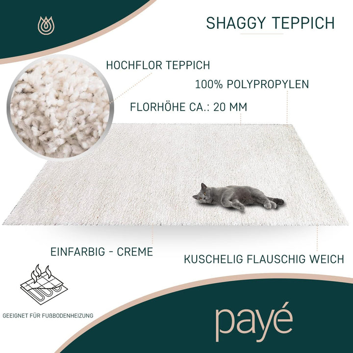 payé Teppich Wohnzimmer Hochflor Shaggy - 160x230cm - Creme Einfarbig Uni Flauschig Modern Boho Deko