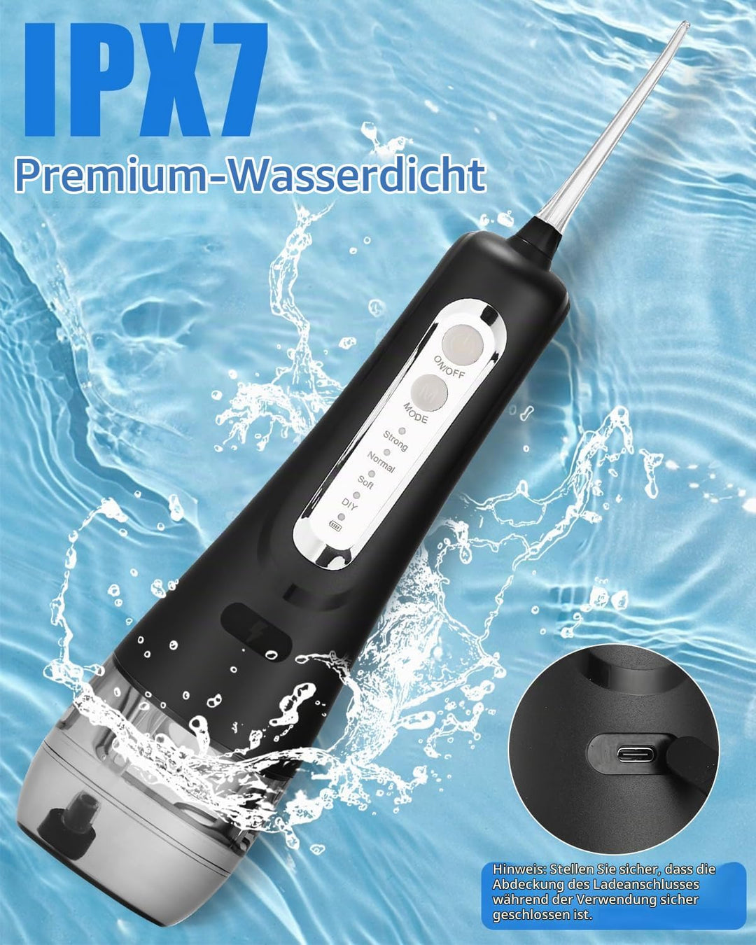Munddusche Kabellos, Elektrischer Zahnreiniger, 4 Modi 9 Düsen USB-C Wiederaufladbare Wasser Flosser