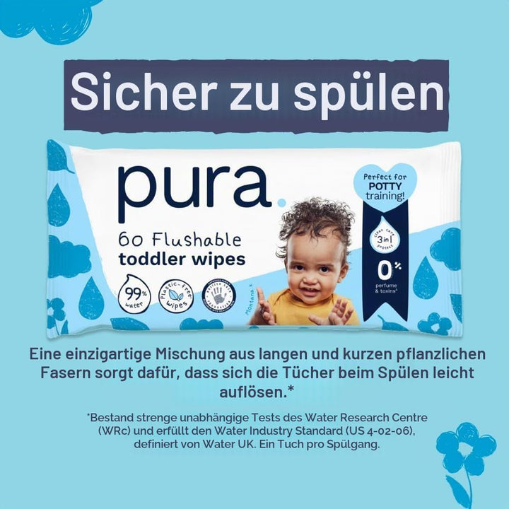 Pura Spülbare Öko-Baby-Feuchttücher für empfindliche Babyhaut, 720 Tücher (12 x 60 Tücher), Monatsbo