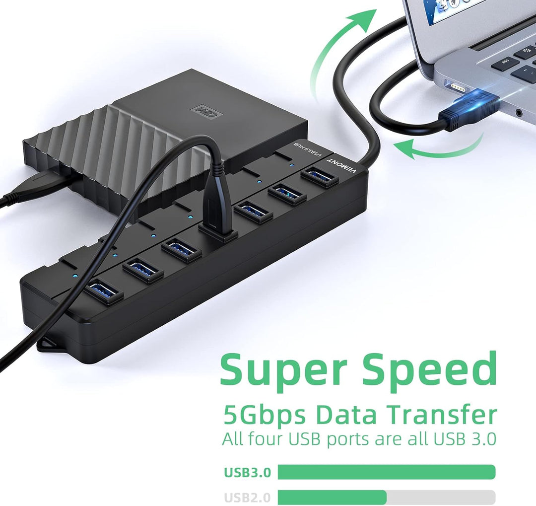 USB 3.0 Hub mit Netzteil,VEMONT 7 Ports USB Hub Aktiv USB Verteiler 5Gbps und Einzelne EIN/Aus-Schal