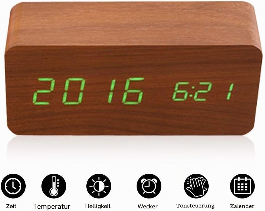 Digitaler Wecker Hölzerner, Leise LED-Anzeige Einstellbare Helligkeit/Sound Control, Tischuhr Indika