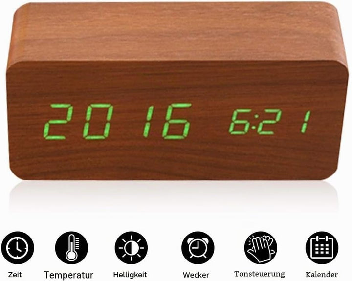 Digitaler Wecker Hölzerner, Leise LED-Anzeige Einstellbare Helligkeit/Sound Control, Tischuhr Indika