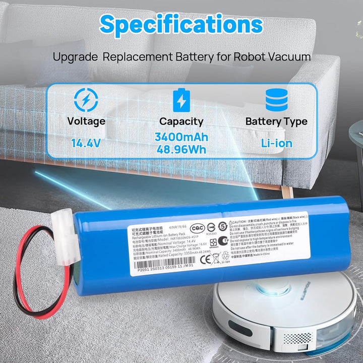 14,4 V 3400 mAh Akku Kompatibel mit 360 S6, S8, Rowenta X-Plorer 75, 75S, 75S+, 75 Animal, Serie 95,