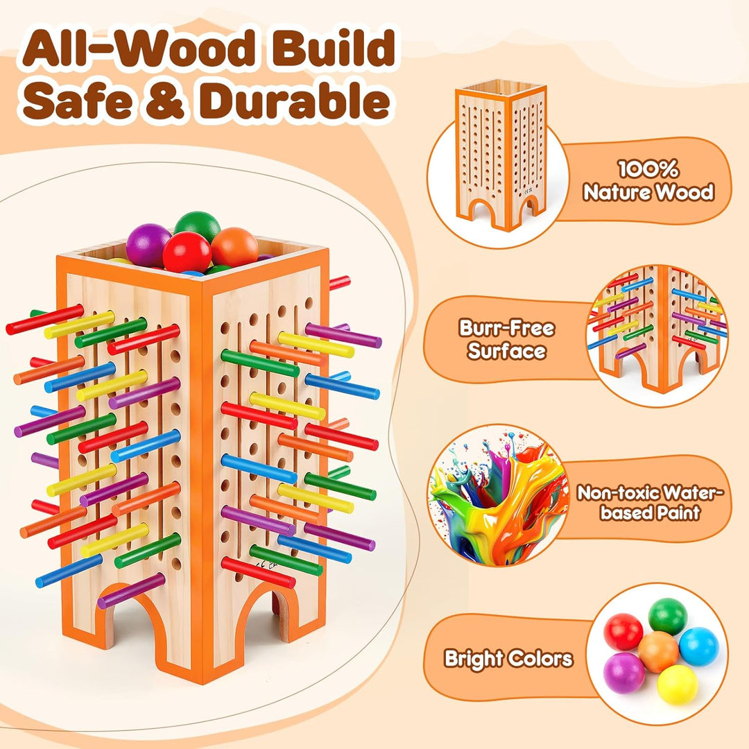 Montessori Spiel Brettspiel aus Holz, 42 Bunte Holzstäbchen &amp; 12 Bälle Kinderspiele ab 3 4 5 6 Jahre