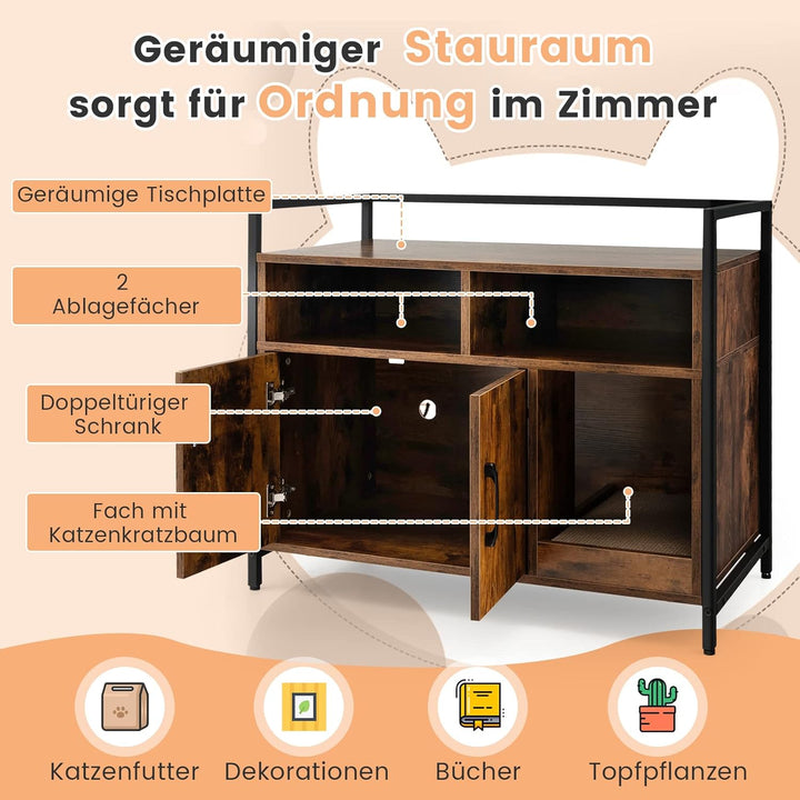 COSTWAY Katzenschrank Katzentoilette mit Doppeltüren & Kratzunterlage, Katzenhaus mit offenem Regal