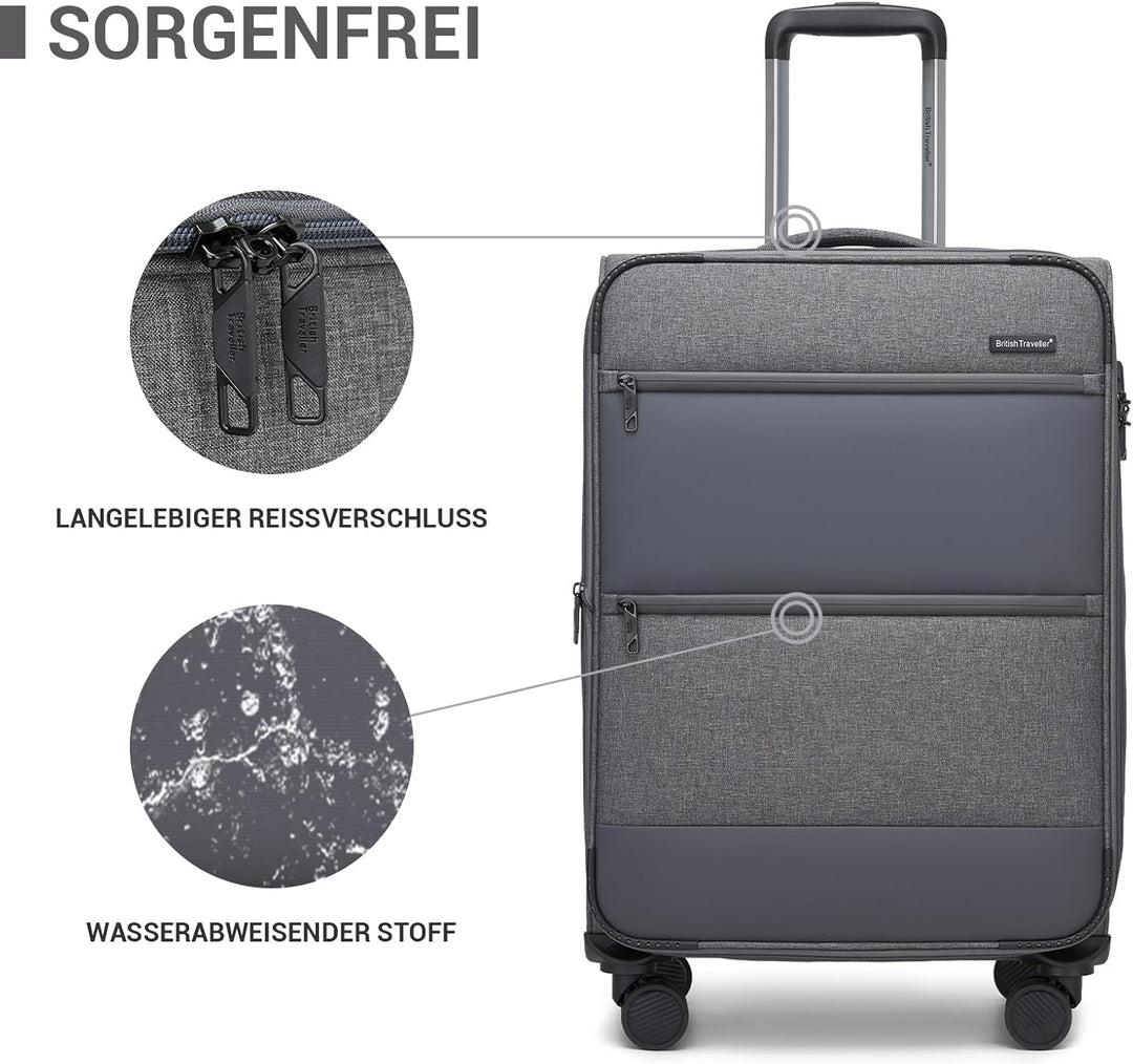 British Traveller Erweiterbarer Mittelgross Koffer, 68L Stoff Reisekoffer mit Volumenerweiterung,4 R
