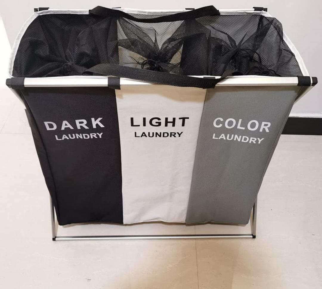 CNFQ Grosser Faltbarer Wäschekorb 3 Fächer mit Netz als Sichtschutz Schmutzwäschetasche mit Griff fü