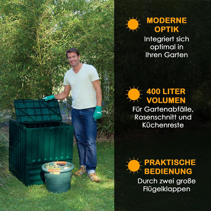 Eco-King Komposter für den Garten, 400 L, Schnellkomposter Kunststoff grün, Composter Garten, Kompos