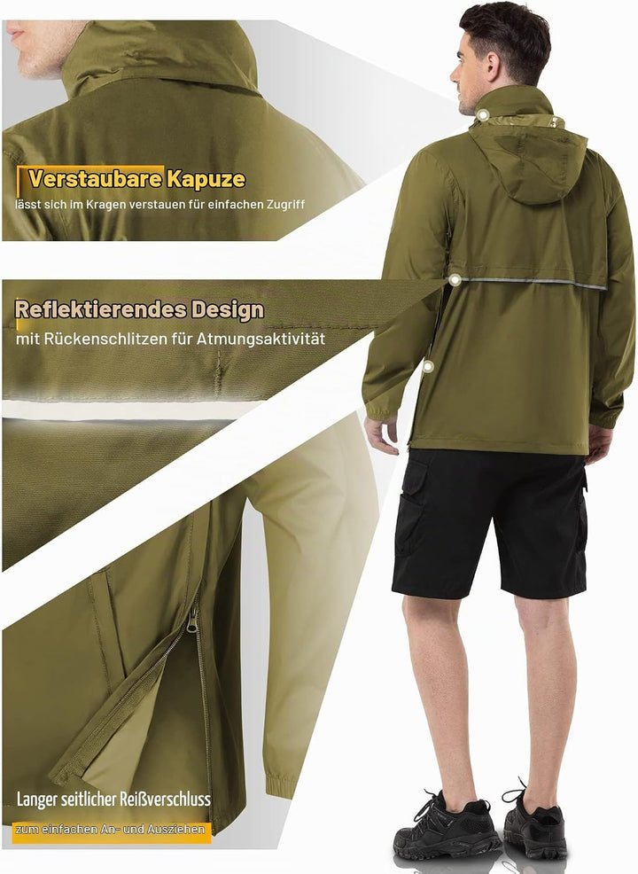 Outdoor Ventures Herren Regenjacke Wasserdichter Pullover mit Kapuze Packbare Reflektierende Jacke L