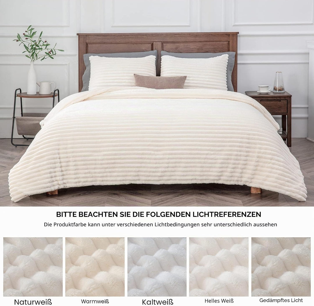 BEDELITE Fleece-Bettwäsche-Set für Queensize-Betten, super weich und warm, flauschig, weiss, luxuriö